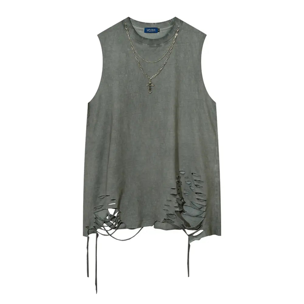 Hip Hop Tank Tops Men’s Vintage Washed Sleeveless T-Shirt Hole Harajuku Dancing Breathable Tops with Necklace Streetwear