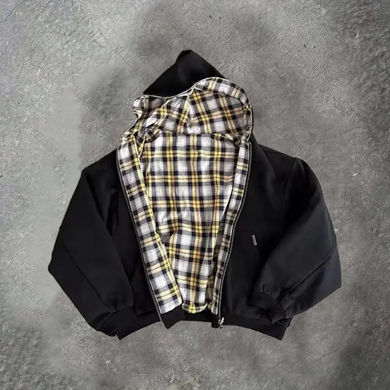 Hip-hop streetwear fake two-piece plaid cardigan hooded sweatshirt jacket American retro fashion all-match new unisex jacket emo