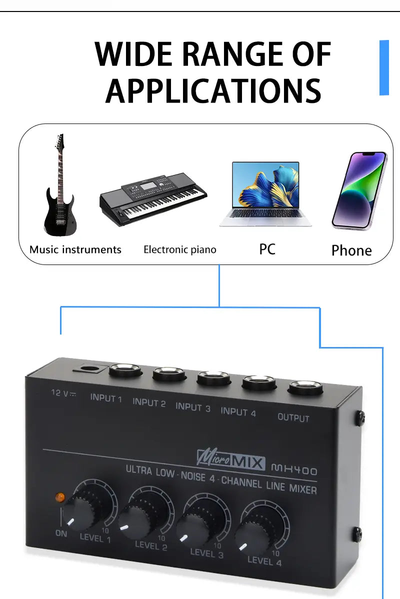 MX400 Mini 4-Channel Audio Mixer Ultra Compact Sound Low Noise With Power Adapter DJ Karaoke Audio Mixer Headphone Amplifier