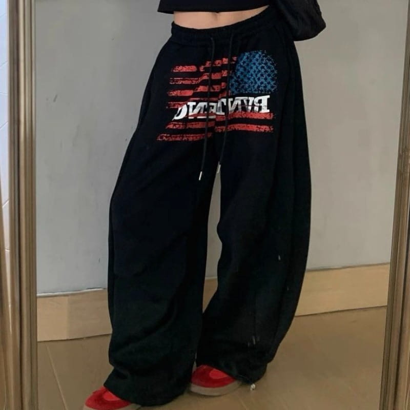 Women Retro American High Street Gothic Print Drawstring Wide Leg Sweatpants for Cotton Hip-hop Loose Versatile Sports Trousers