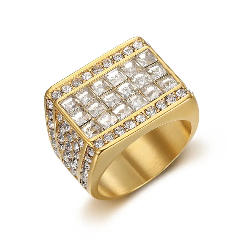 HIP Hop Rhinestone Paved Bling Iced Out Stainless Steel Geometric Square Finger Rings for Men Rapper Jewelry Gift