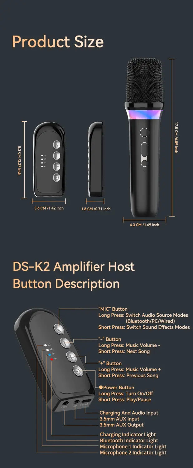 DS-K2 Karaoke Companion Bluetooth 5.3 Wireless Moving-Coil Microphone With RGB Light KTV DSP Mixer System For Wired Speaker Car