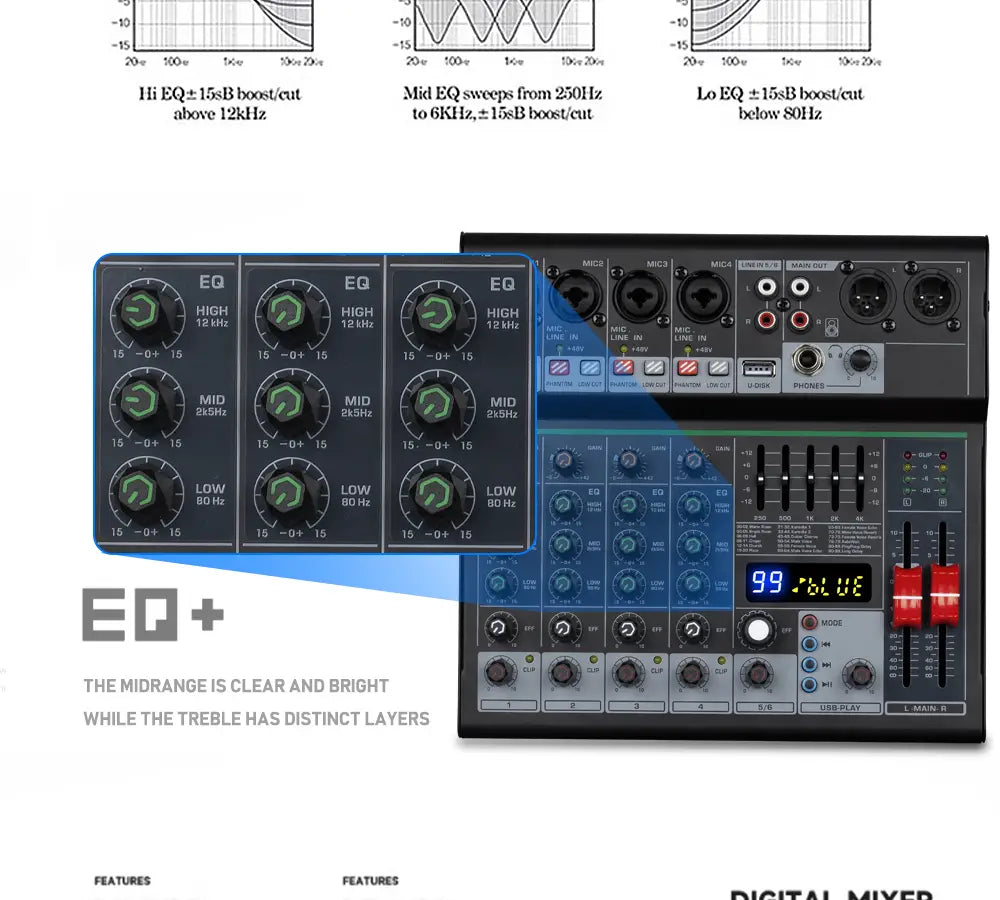 Professional DJ Party High Quality Music Recording Singing 6 Channel Audio Mixer Console