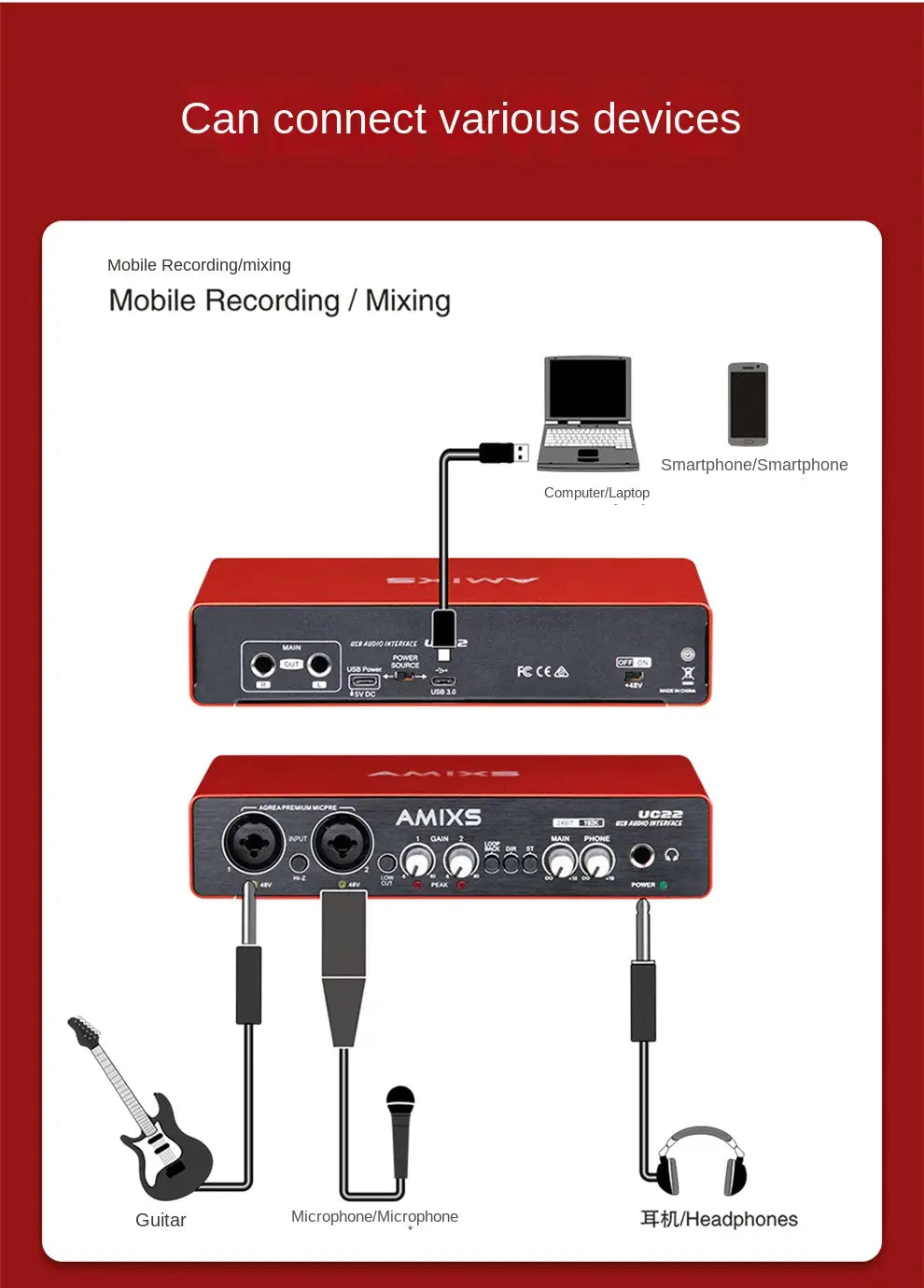 AMIXSQ22 Audio Interface for Recording Computer Free Drive USB External Sound Card for Pc Pro Audio Equipment Professional Video