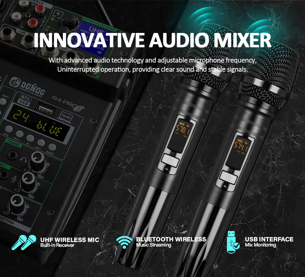 4 Channel Karaoke Audio Mixer with Dual UHF Wireless Microphone USB Bluetooth DJ Mixer for Party Computer Studio Recording DGNOG