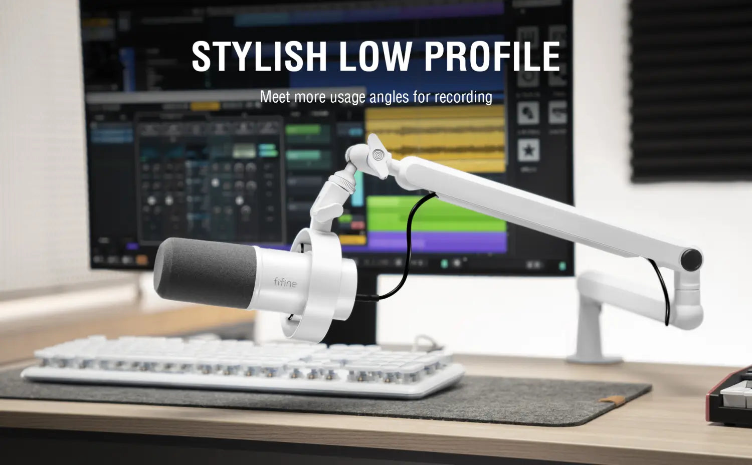 FIFINE Microphone Boom Arm Adjustable Low Profile Mic Arm with Desk Mount Clamp,Cable Storage for Streaming Gaming-White BM88W