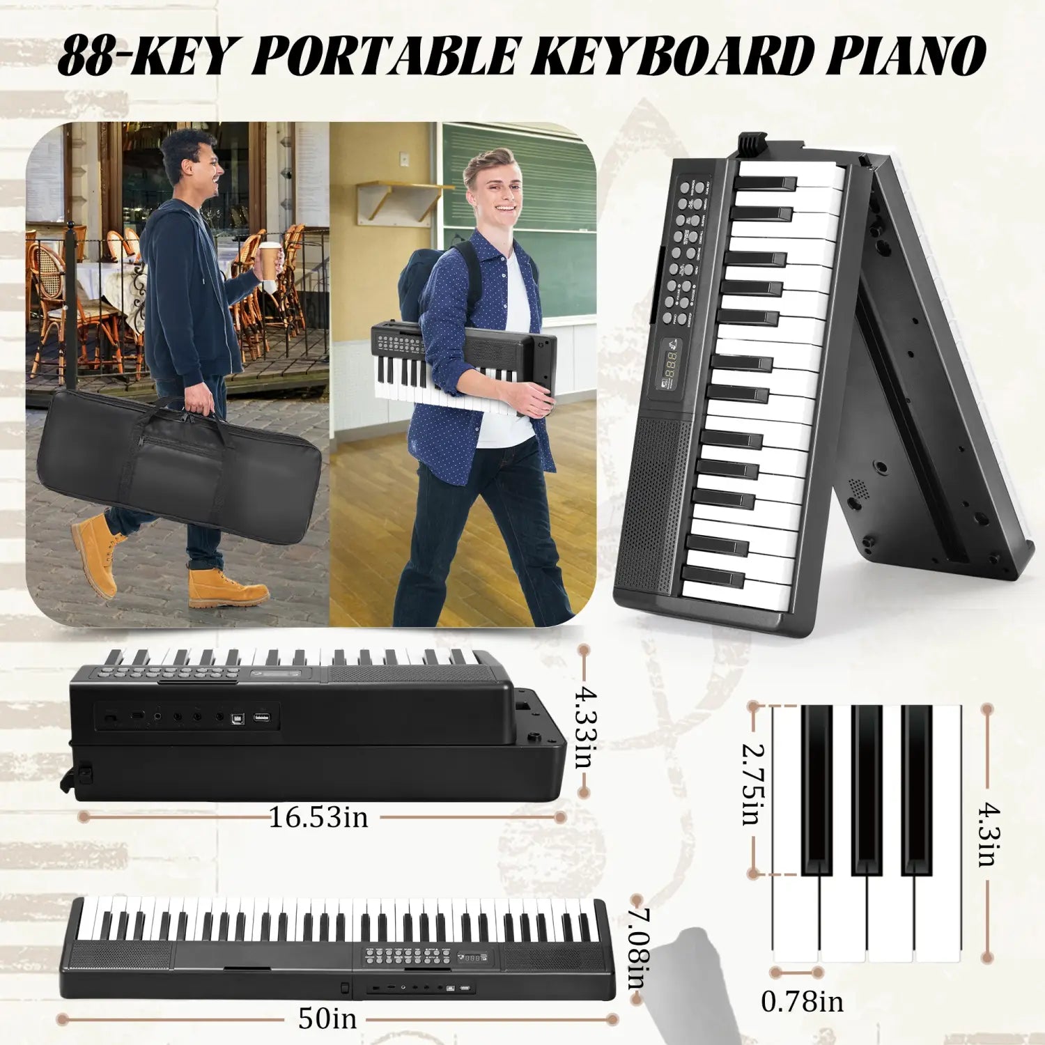 61 Keys Portable Keyboard Piano 1000 Tones 150 Demo Songs Folding Electronic Keyboard Piano Black