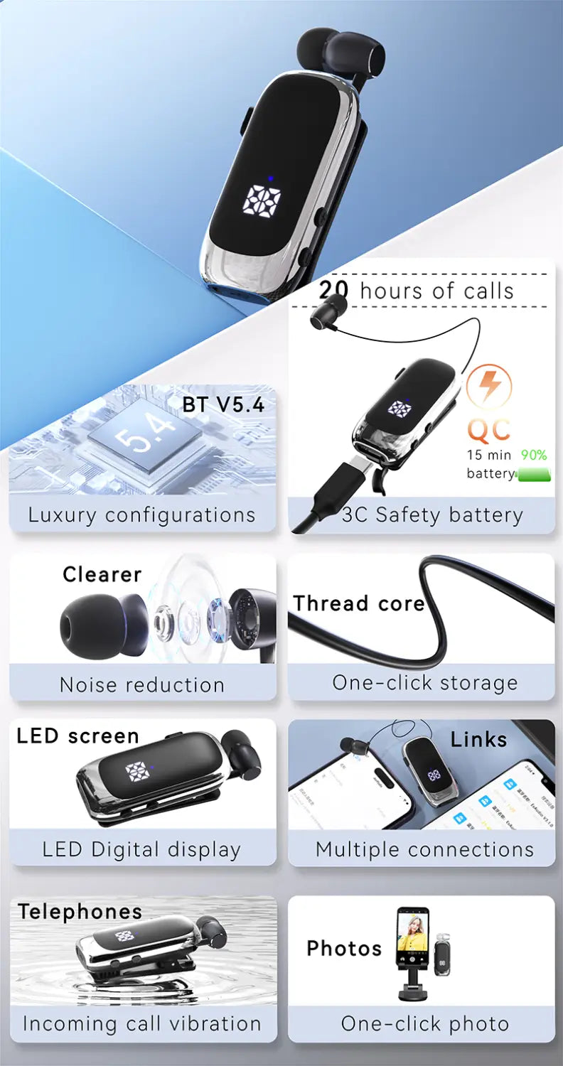 K88 Lavalier Business Bluetooth 5.4 Headphone Talk/Music Time 20 Hours LED Digital Display,Noice Cancelling Wireless Earphones