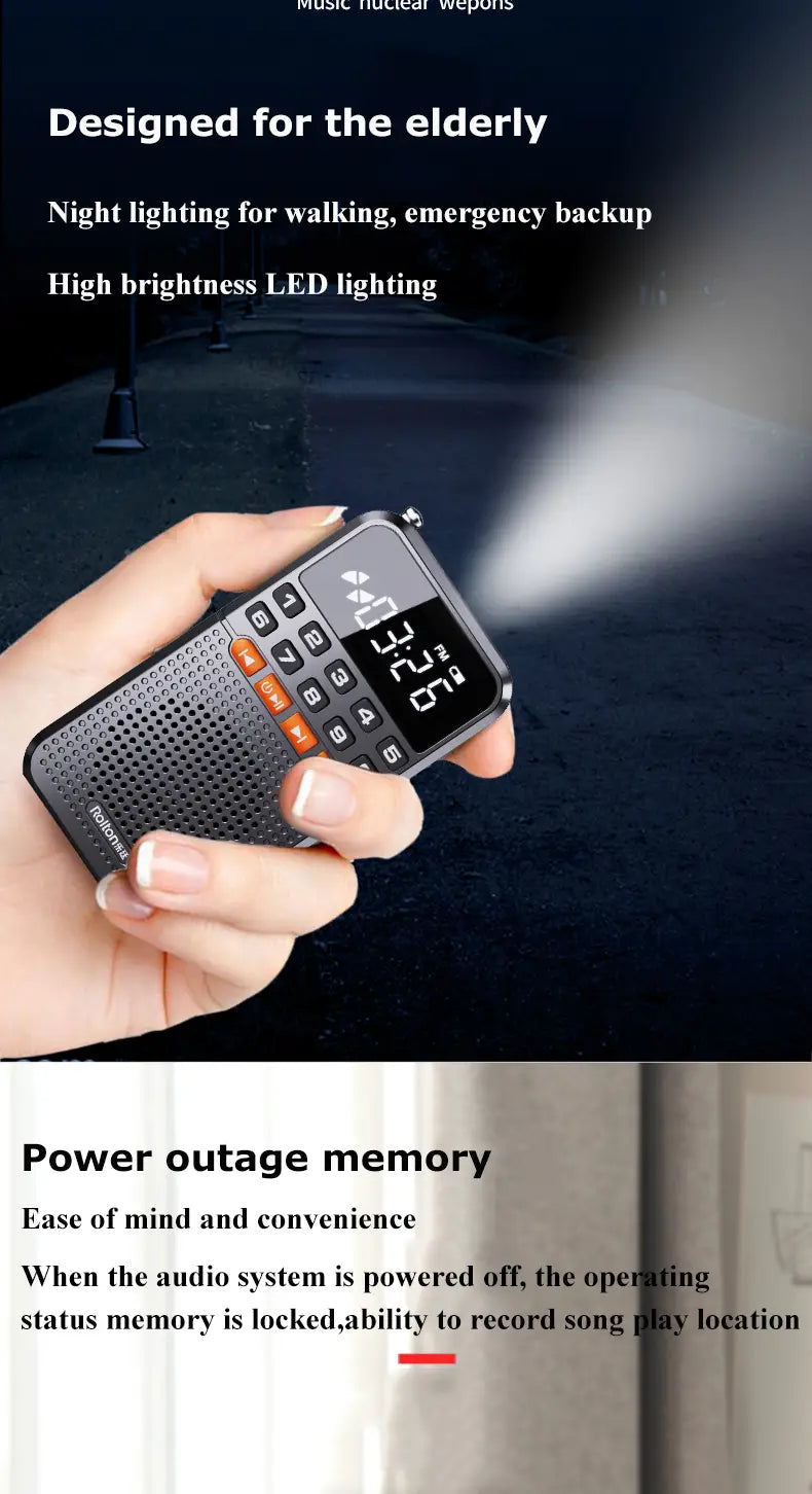 Portable FM Mini Radio Dual Antenna Pocket Radio Receiver Bluetooth 5.0 Speaker TF Card Music Player with LED Flashlight