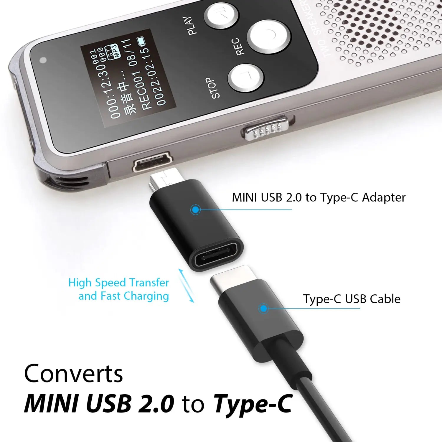 USB C to Mini USB Adapter 2-Pack Type-C Female to Mini USB Male Converter for GoPro Hero 3+ MP3 Dash Cam Camera Black