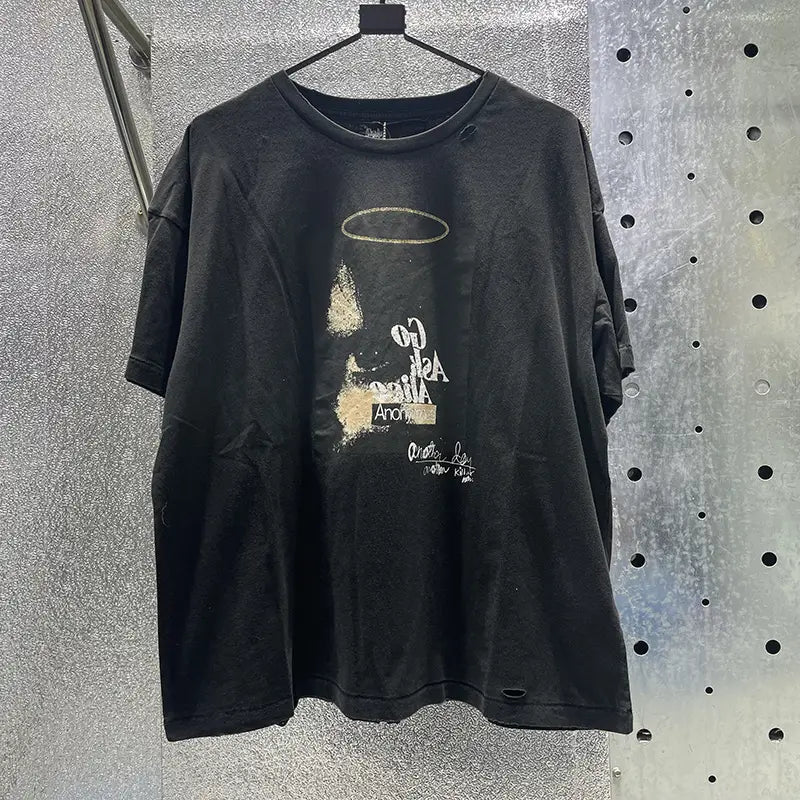 Hip Hop Letters Graffiti Vintage Washed Black Damaged Hole Paly T-Shirt Men Women Box Graphics Rhinestone T Shirt Cotton Tee