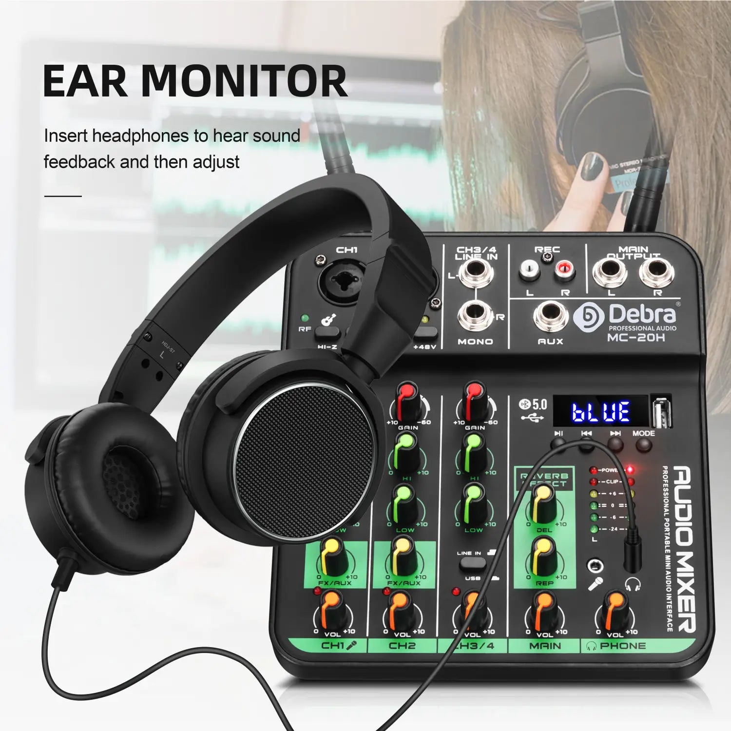 Audio Mixer With 2 Wireless Microphone Soundcard 4 Channel UHF USB Delay Repaeat Effect Sound Mixing Console PC Recording