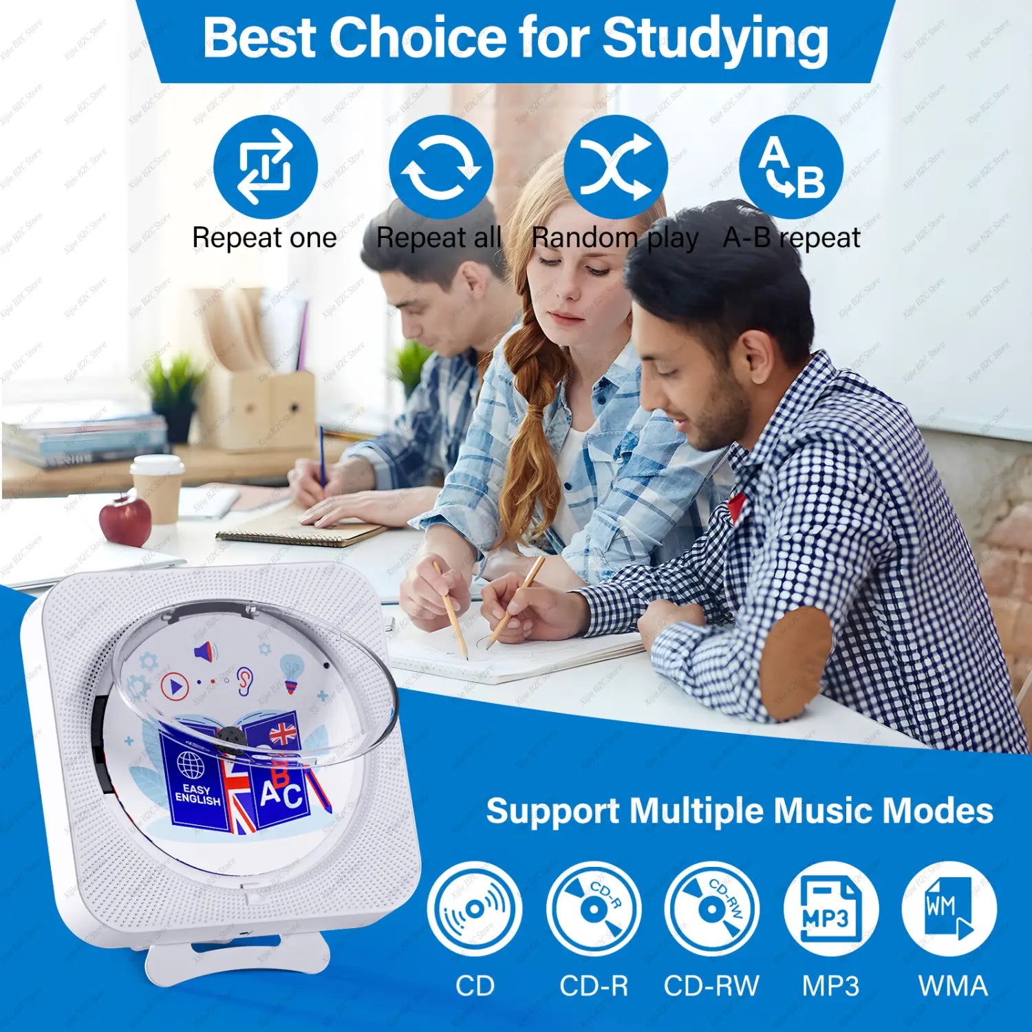 Portable CD Player Bluetooth Speaker Stereo CD Players LED Screen Wall Mountable CD Music Player with IR Remote Control FM Radio