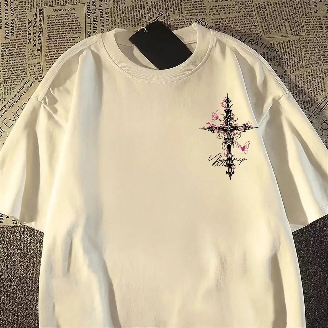 Hip-hop Cross Print Loose Short-sleeved T-shirt for Men and Women American High Street Style for Summer
