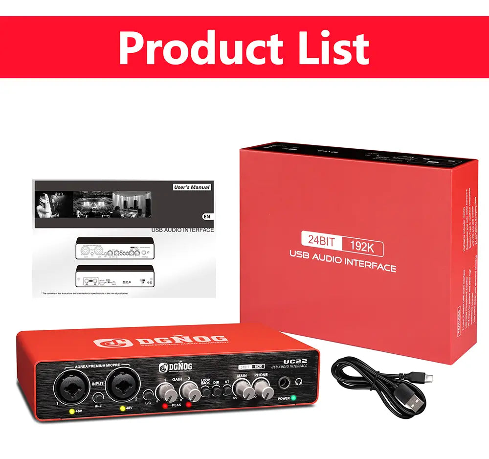 UC22 Audio Interface Sound Card 24-bit/192KHz AD Converter Electric Guitar Live Recording Professional Studio Singing Podcast