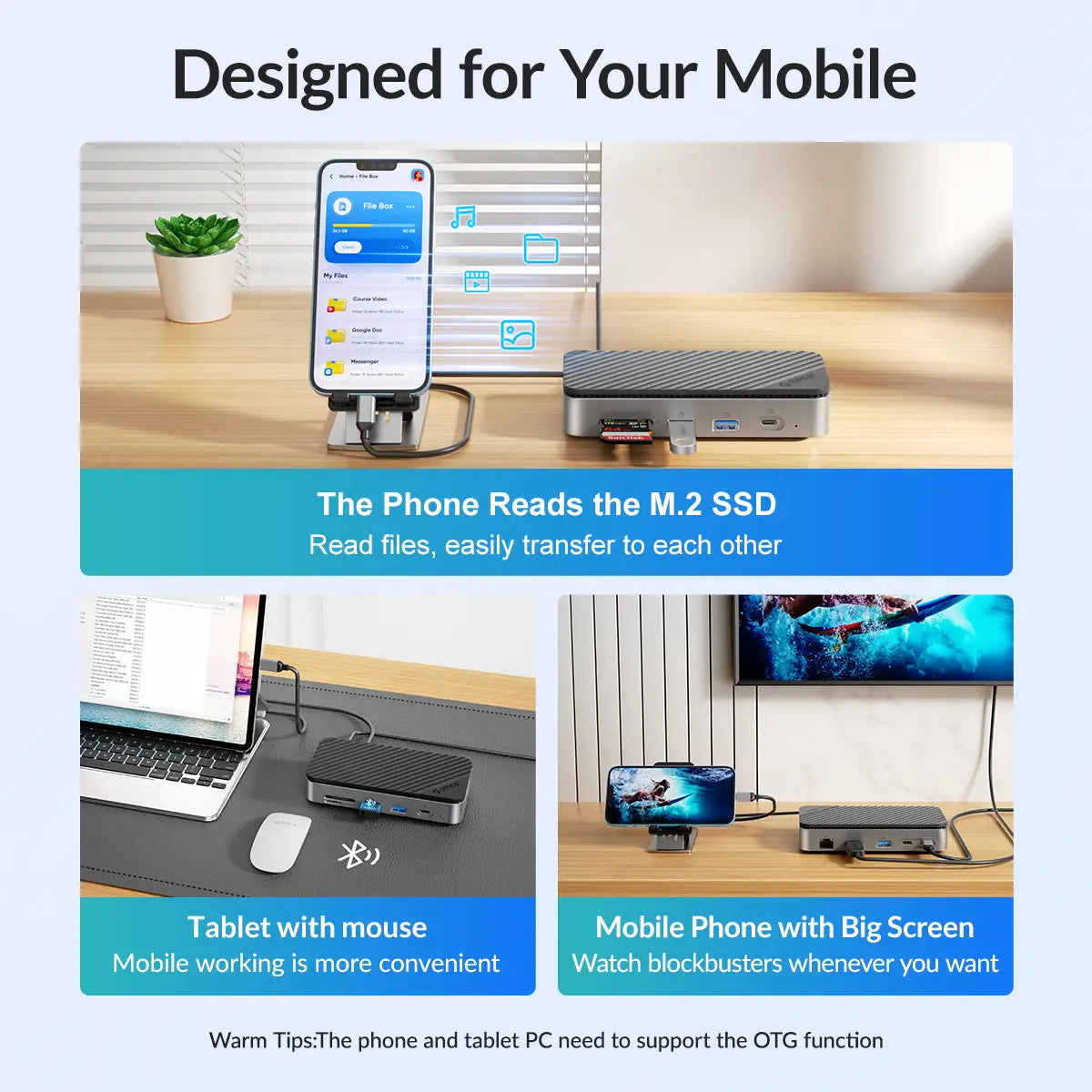 ORICO-USB C HUB with Cooling Fan M.2 NVMe SATA SSD Enclosure External 10Gbps 4K 60Hz HDMI-Com RJ45 SD TF Docking Station