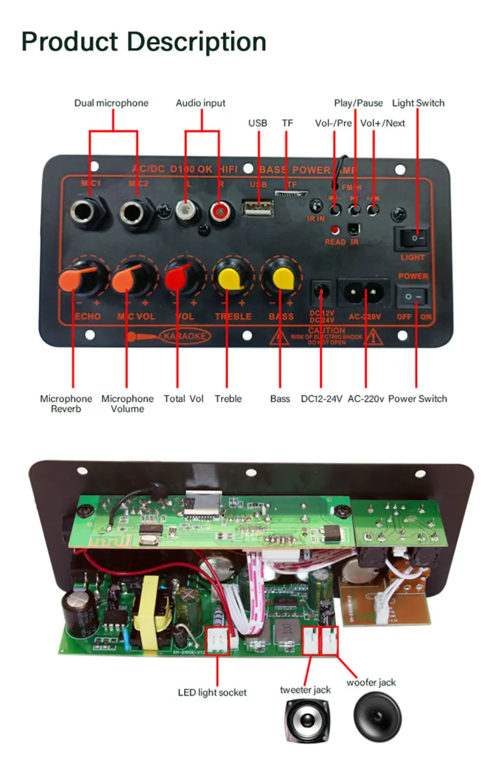 200W Bluetooth 5.0 MP3 Amplifier Board 12V 24V Dual Microphone AMP Module USB TF FM Car Music Lossless Bass Sound for Subwoofer