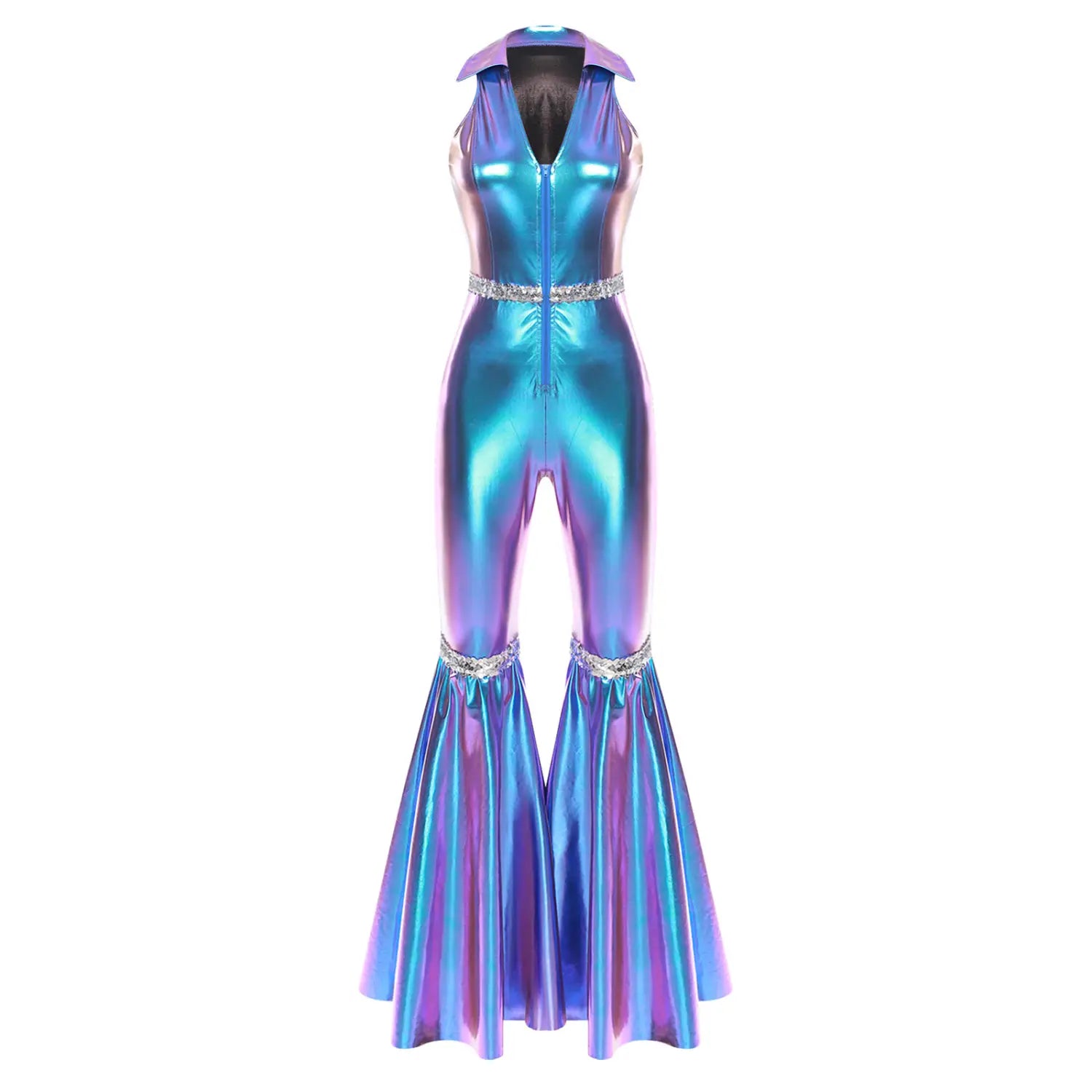 Adult Womens 70s Disco Rompers Lapel V Neck Sleeveless Front Zipper Sequins Bell Bottom Long Pants Jumpsuit Retro Jazz Dancewear