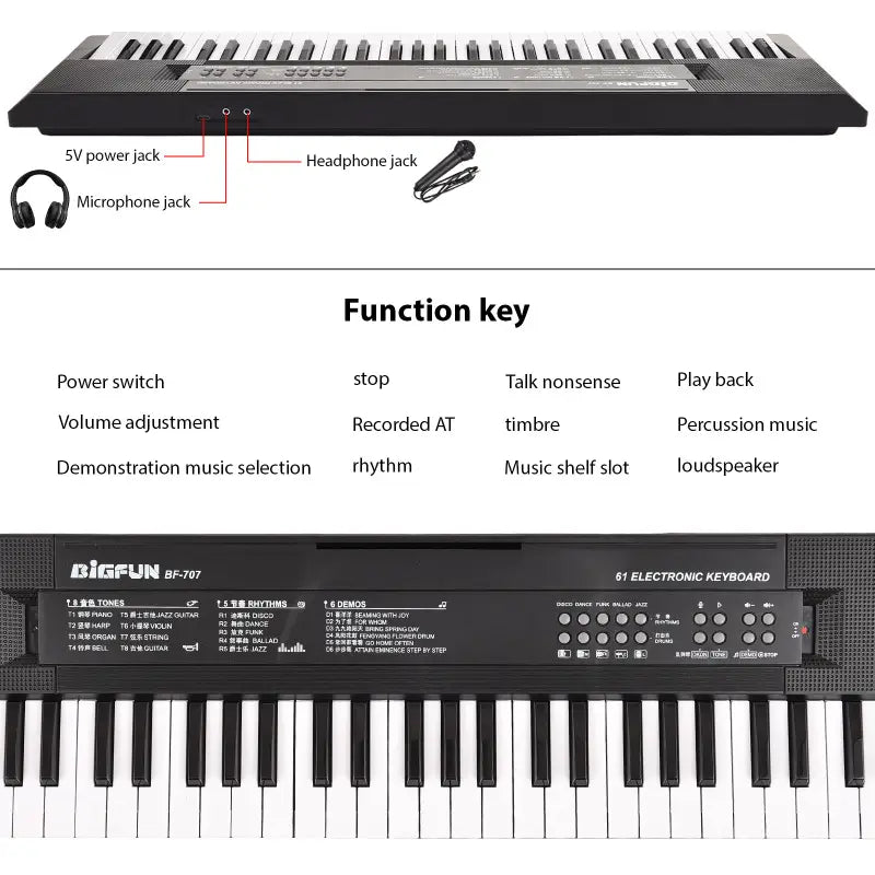 61 Key Mini Electronic Piano 8 Tones Rhythms Microphone Recording Dual Power Portable Keyboard for Beginners Kids