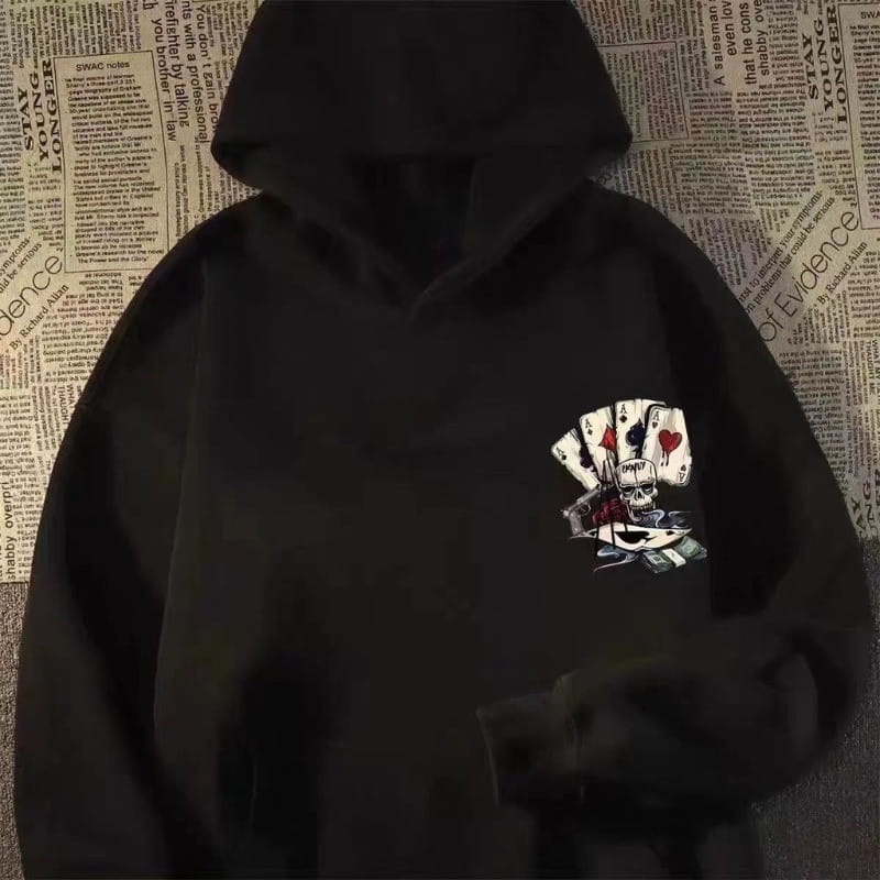 【M-8XL Hoodies】Autumn Men Pullover Hoodie Oversized Sweatshirt Fashion Loose Skeleton Poker Print Long Sleeve Couple Clothes