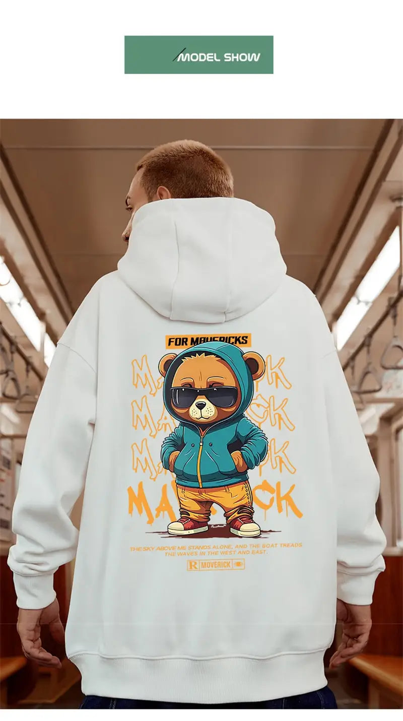 New in Hip Hop Bear Graphic Print Hoodies For Men Oversized Streetwear Y2K Hoody Sweatshirts Fleece Casual Pullover Hoodie