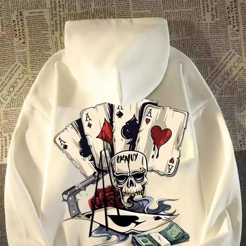 【M-8XL Hoodies】Autumn Men Pullover Hoodie Oversized Sweatshirt Fashion Loose Skeleton Poker Print Long Sleeve Couple Clothes