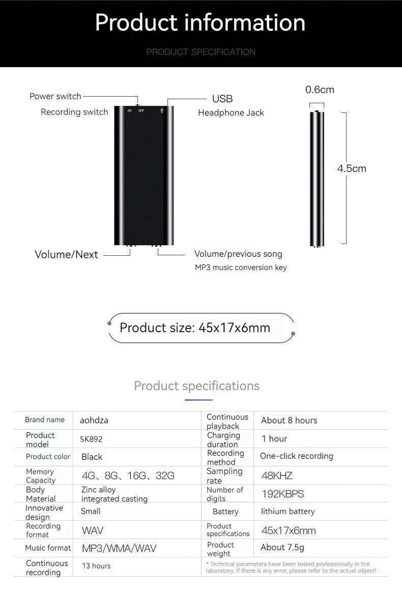 16/32GB Digital Dictaphone Audio Voice HD Noise Reduce Recorder MP3 Player Recording WAV Smallest Mini USB Pen Voice Activated