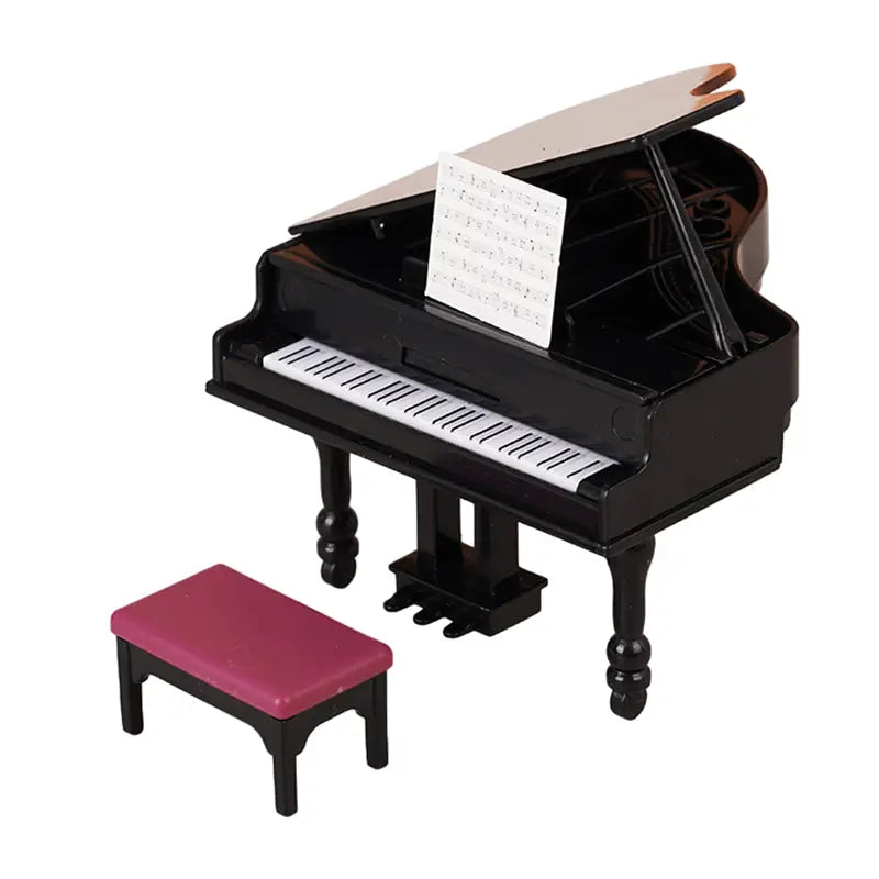 1:12 Dollhouse Miniature Furniture Playset Piano with Bench Instrument Model Living Room Décor Doll’s House Accessories