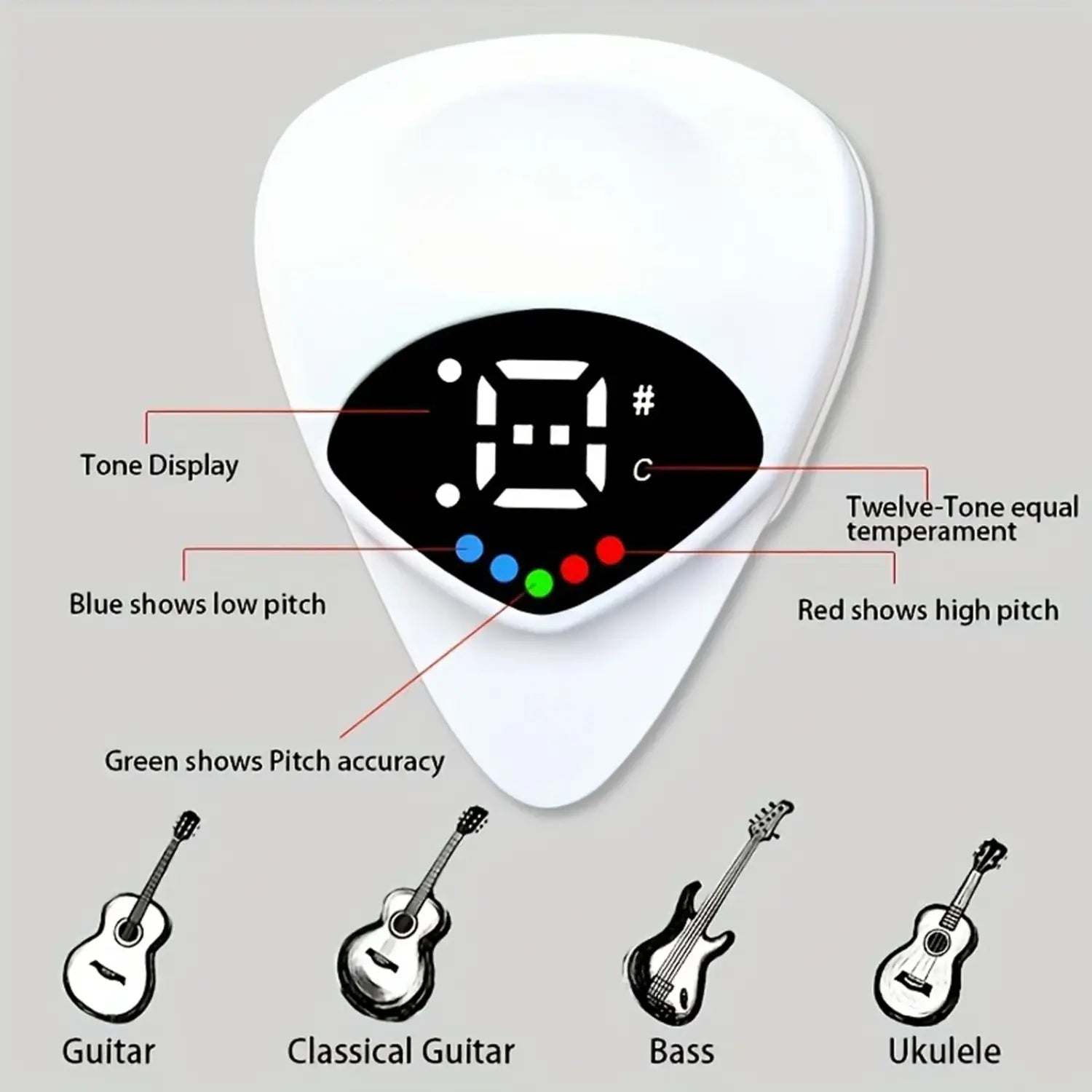 2-in-1 Guitar Pick & Tuner - Portable Multi-Purpose Pitch Calibrator for Folk Guitars and Ukuleles 12-Tone Equal Temperament,