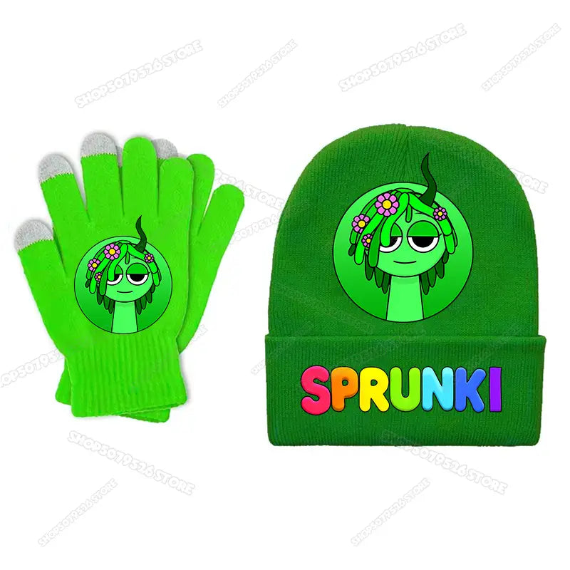 Sprunki Children Beanies Gloves Set Hot Music Game Print Knitted Mittens Caps for Boy Girl Cartoon Winter Knitting Hat Gloves