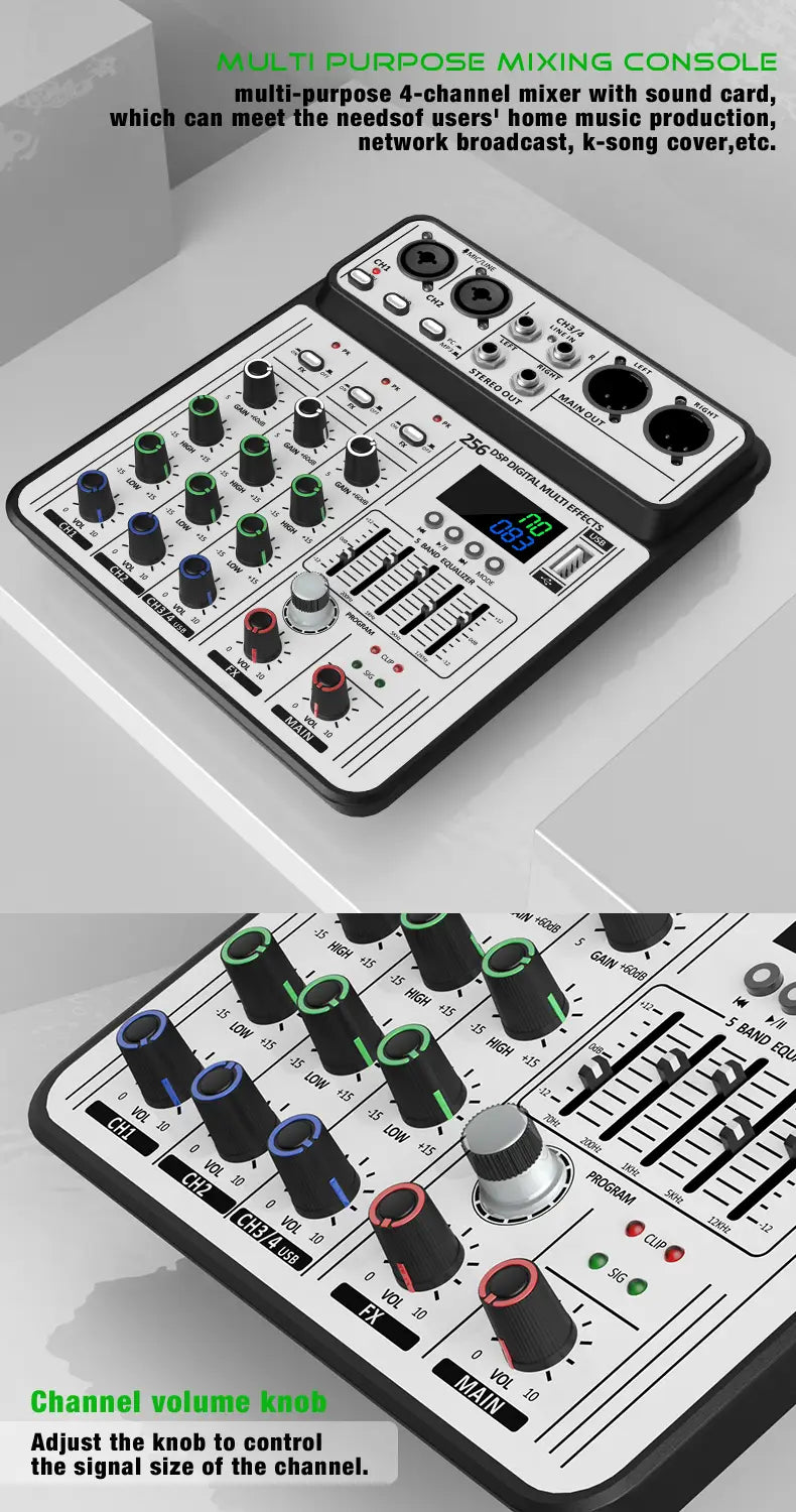 Professional 4-Channel 256DSP Audio Mixer 48V Phantom Power USB Studio Karaoke Bluetooth DJ Console Mixer