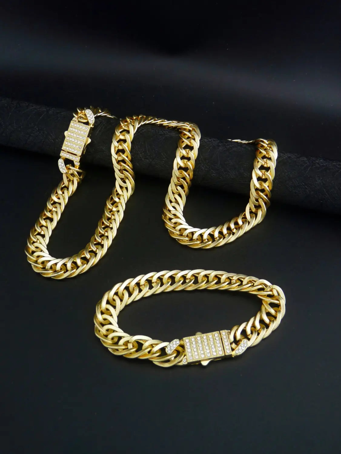 1 Piece Hip Hop Punk Style 14K Gold Plated Cuban Chain Style Chunky Chain Bracelet Necklace Set