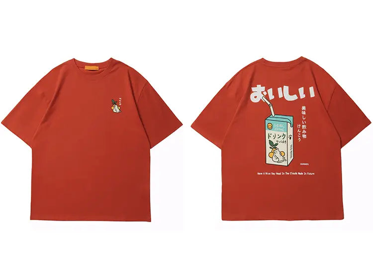 Hip Hop Tshirt Men Japanese Kanji Drink Graphic T Shirt Streetwear Harajuku Summer Short Sleeve T-Shirt Unisex Tops Orange