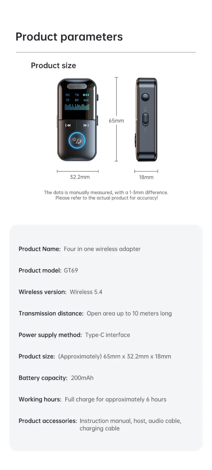 Bluetooth 5.4 Aux Adapter Audio Receiver Transmitter 3.5mm Jack LED Display for Car/Home Stereo/Wired Headphones/Speaker/TV