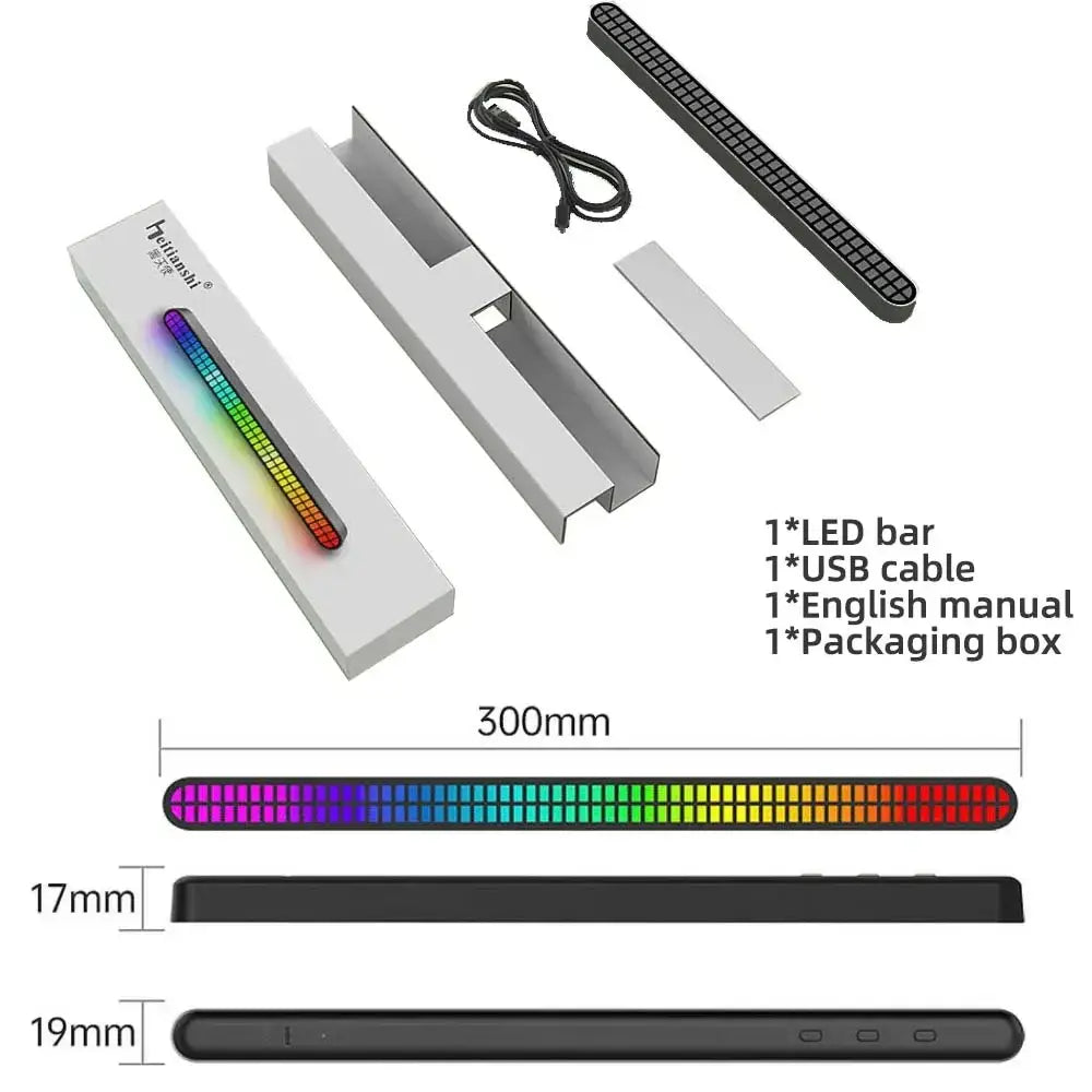 30CM Double-row 64bit RGB PickUp LED Bar Voice Controlled Light Rechargeable Magnetic Music Rhythm Light Car Atmosphere Lighting
