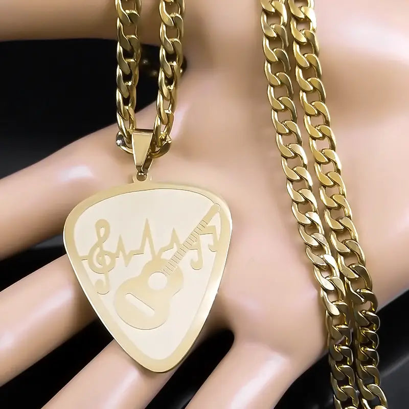 Hip Hop Guitar Pick Bass Note Necklace for Men Stainless Steel Gold Plated Music Lovers Pendant Necklaces Jewelry colar N3003GD