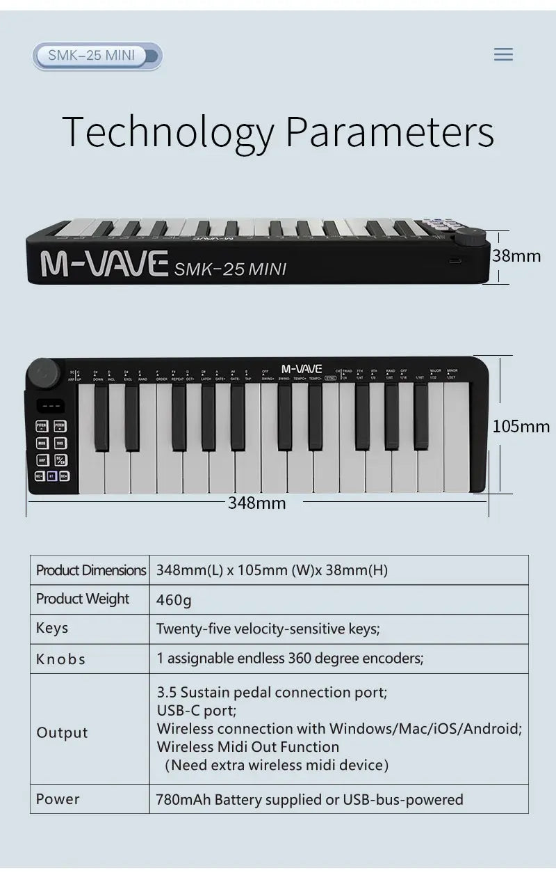 M-VAVE SMK-25mini MIDI Keyboard 25-Key MIDI Control Keyboard instrument Rechargeable Mini Portable USB Keyboard MIDI Controller