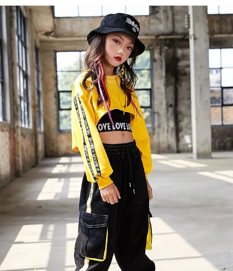 Hip Hop Girls Crop Top Contrast Street Dance Cargo Pants Children Sweatshirt Joggers Kids Streetwear Jazz Costumes Clothes Sets