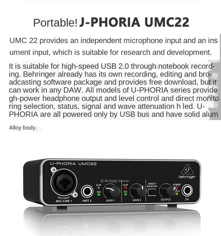 Hot Sell Promotion BEHRINGER UMC22/ UM2/UMC202HD Microphone Amplifier Live Recording External Sound Card USB Audio Interface