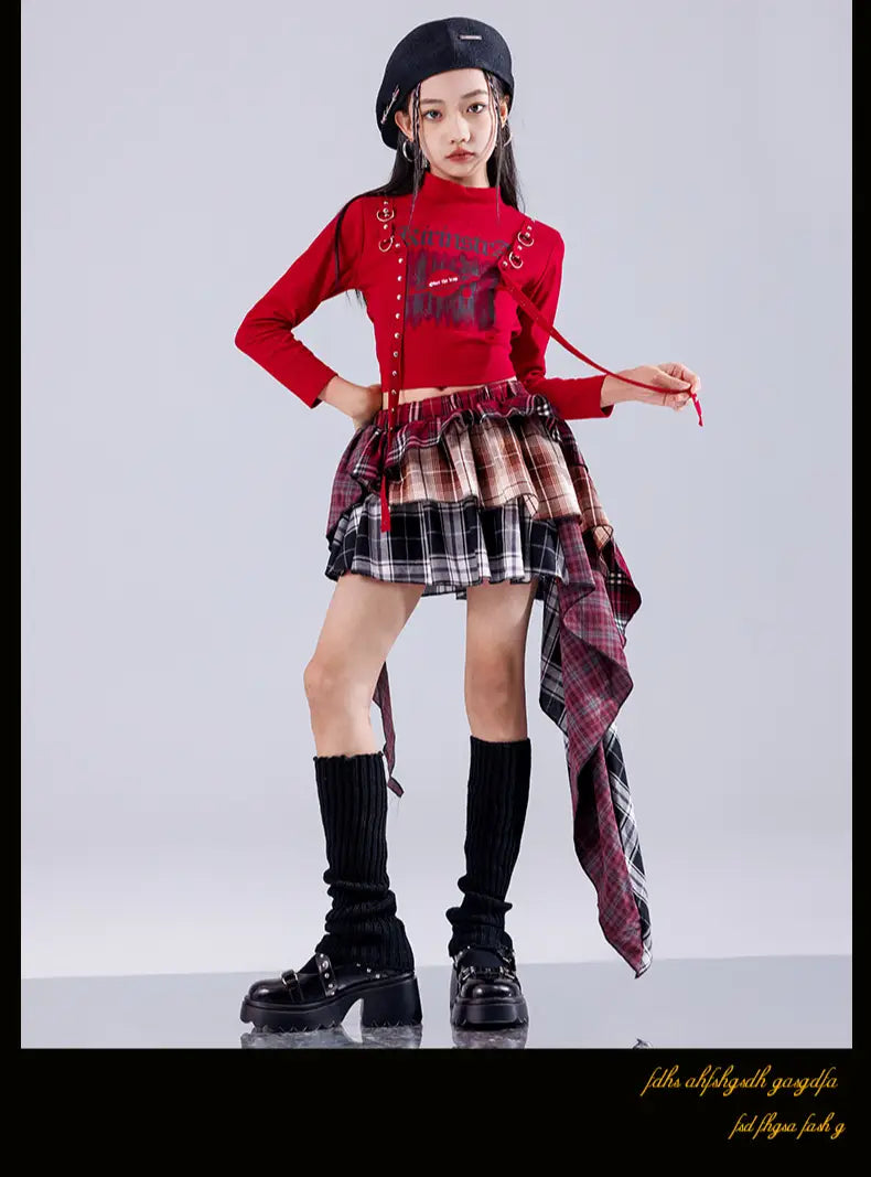 Hip Hop Girls K-pop Fashion Crop Top Street Dance Cargo Pants Plaid Skirts Kids Streetwear Children Jazz Girl Group Clothes Sets