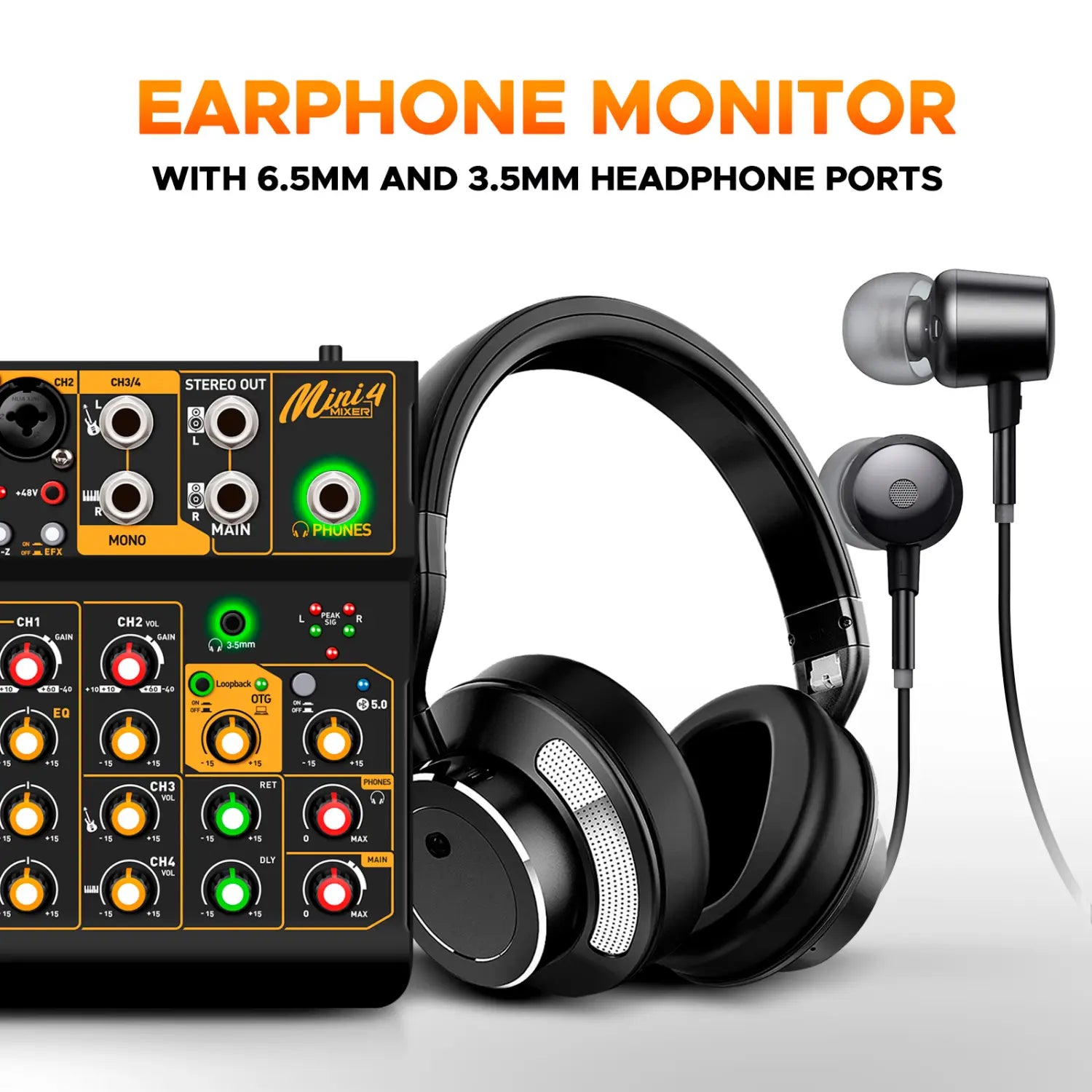 Debra OTG Audio Mixer DJ Console Mini4 Interface Bluetooth 48V Power Delay Repaeat Effect For Sound Mixing Console PC Recording