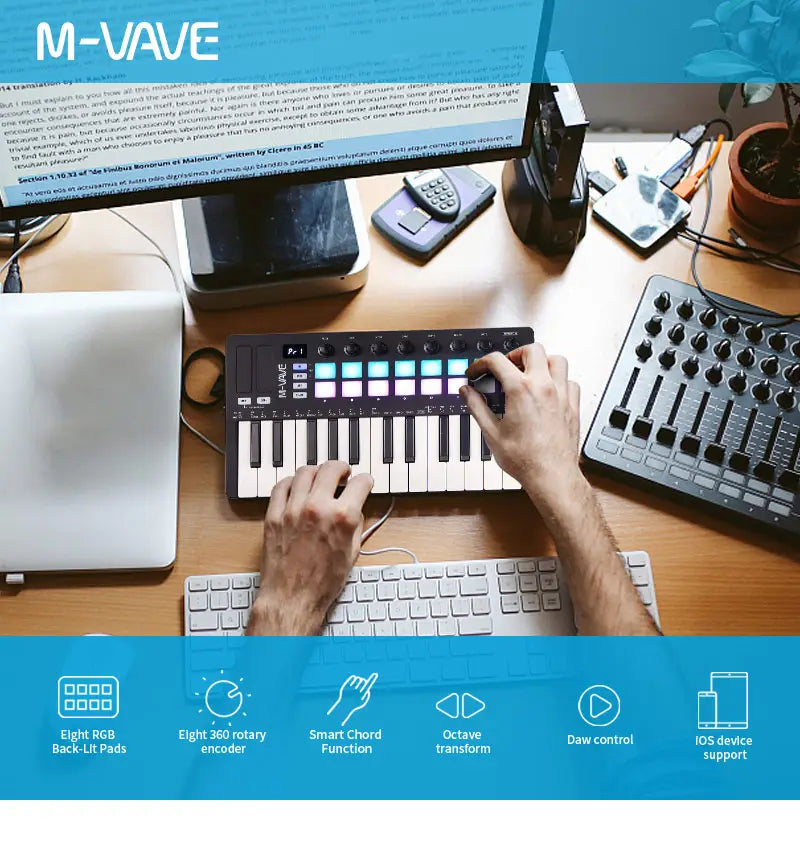 M-VAVE SMK-25 MIDI Pad Controller Rechargeable Keyboard USB 25 Key,16 RGB Drum Pads,8 Knobs&Music Production,Software Included