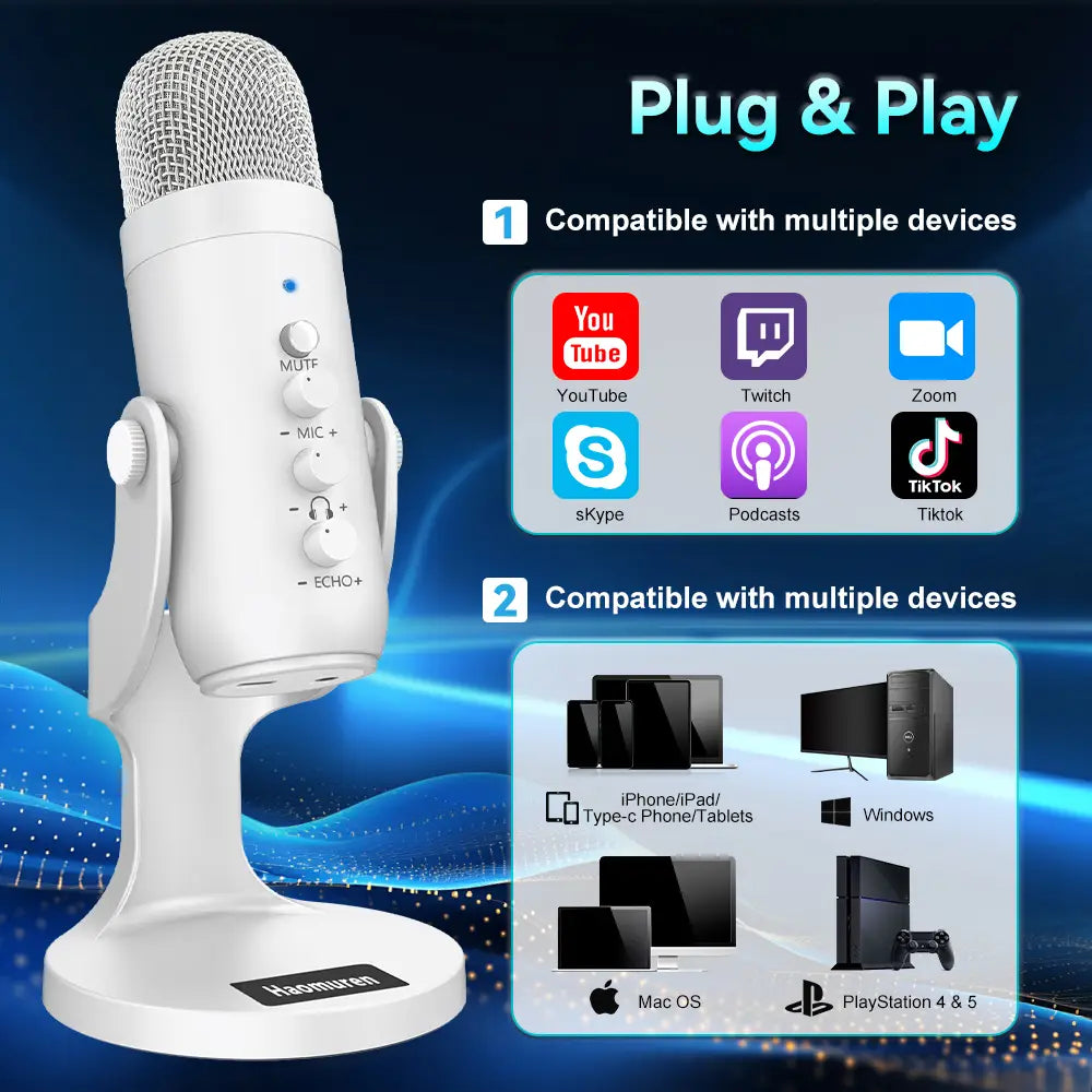 Professional White USB Condenser Microphone Studio Recording Mic for PC Computer Phone Gaming Streaming Podcast Vocals Youtube