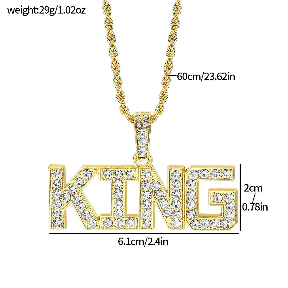 Men’s Hip Hop King Queen Pendant Necklace Full Rhinestone Bling Iced out Cuban Link Chain Fashionable Jewelry Gift