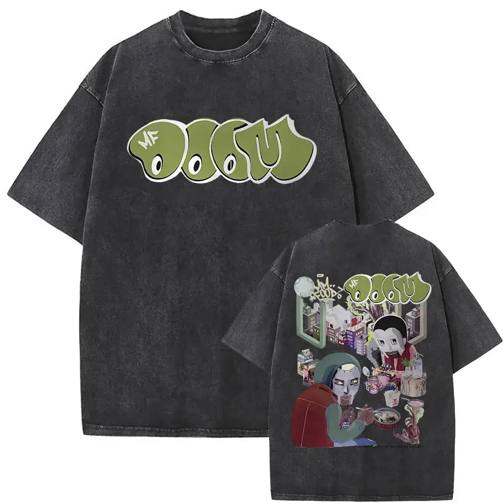 Street style casual T-shirt men’s and women’s hip-hop fashion short sleeve washed vintage rapper Mf Doom MM FOOD pattern T-shirt