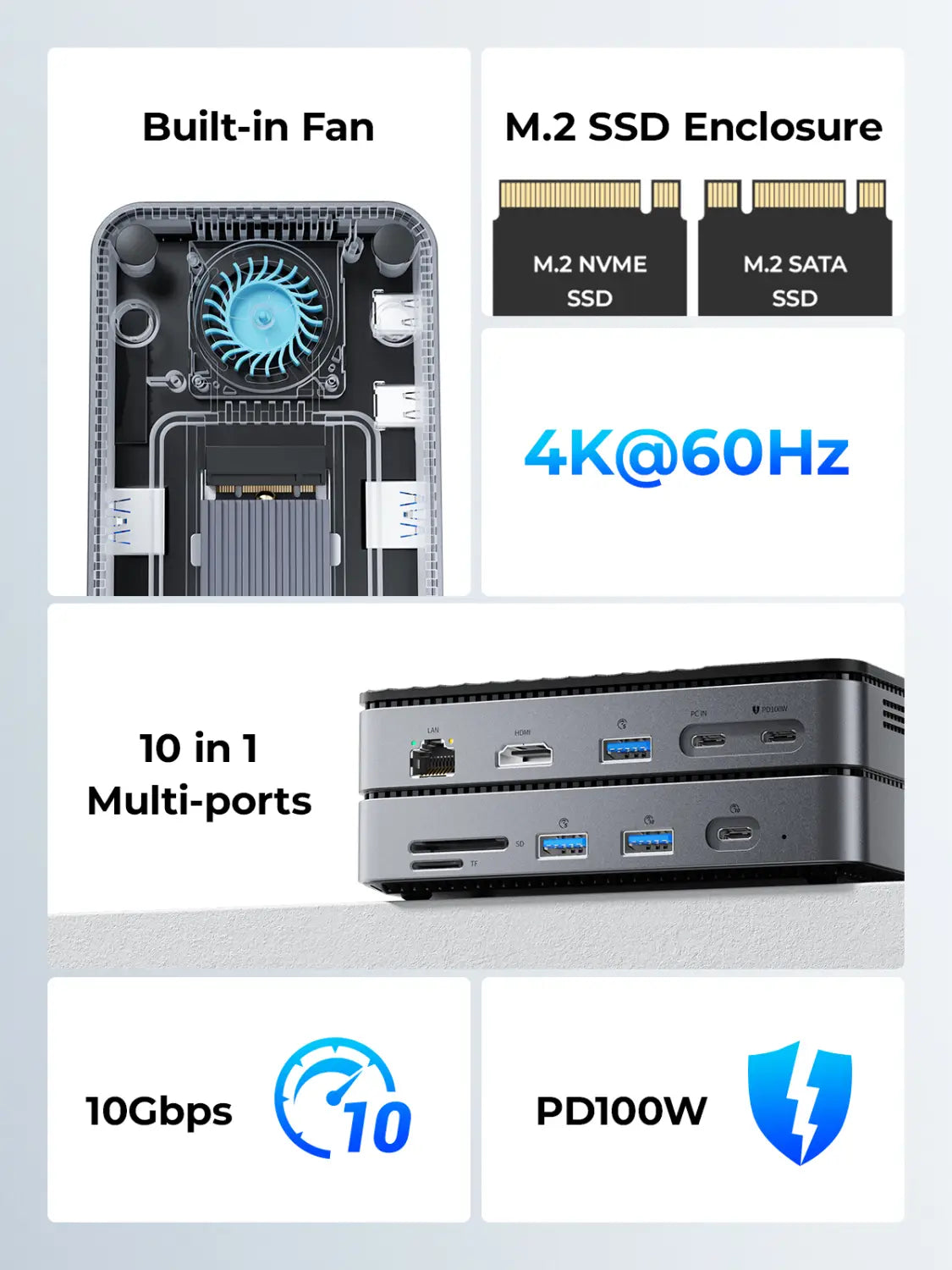 ORICO-USB C HUB with Cooling Fan M.2 NVMe SATA SSD Enclosure External 10Gbps 4K 60Hz HDMI-Com RJ45 SD TF Docking Station