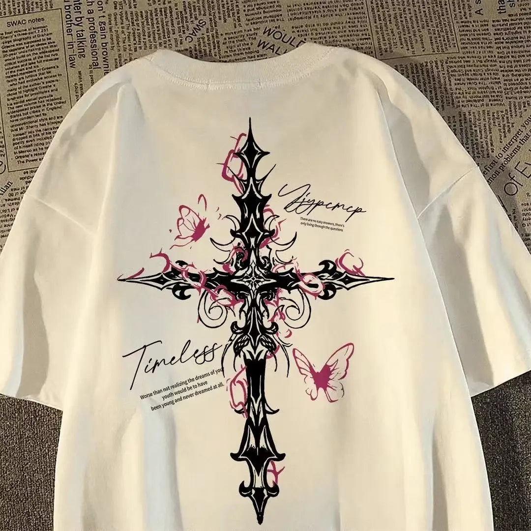 Hip-hop Cross Print Loose Short-sleeved T-shirt for Men and Women American High Street Style for Summer