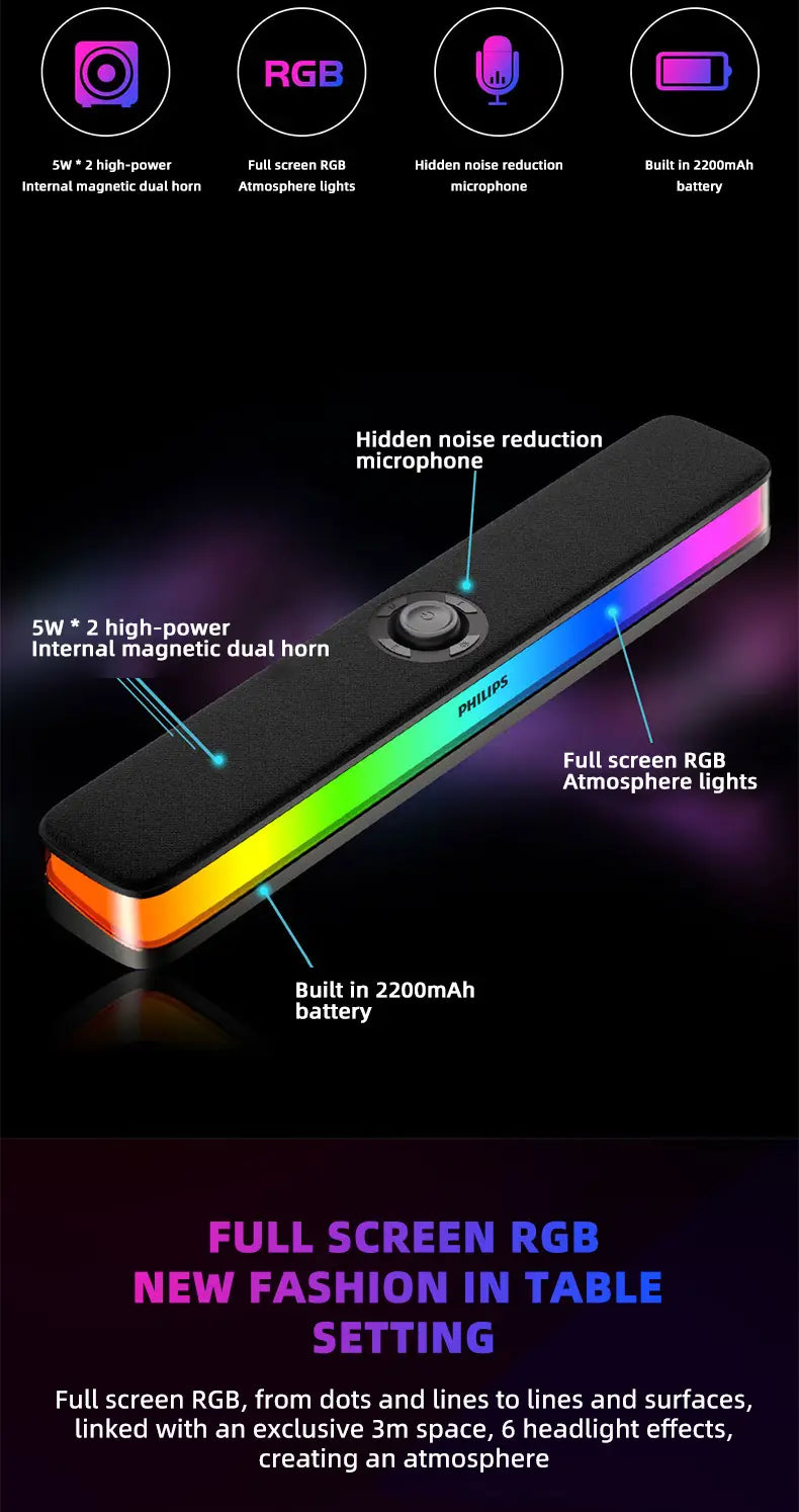 Philips SPA6109 Gaming Desktop Soundbar Full Screen RGB Noise Reduction Speaker with Mic Wired BT 5.3 Computer Sound System