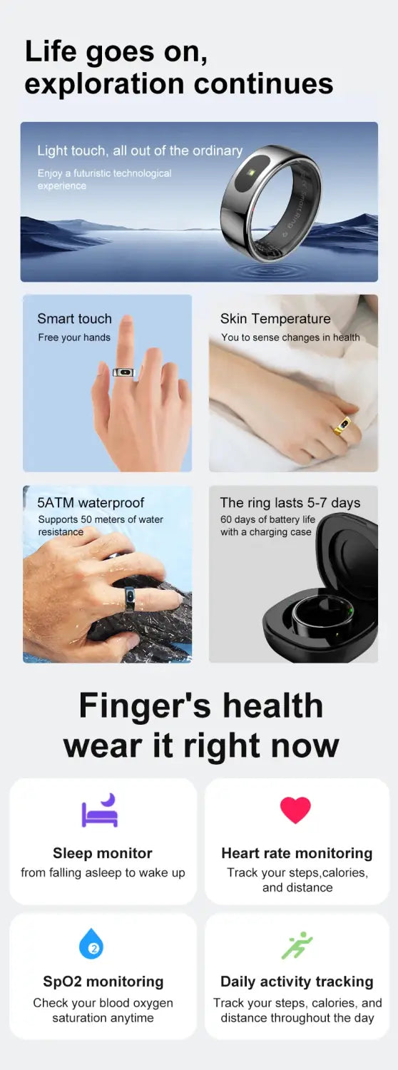 Smart Ring Health and Sleep Tracker Heart Rate Blood Oxygen Monitor Body Temperature Music/Video/Camera Control 5ATM Waterproof