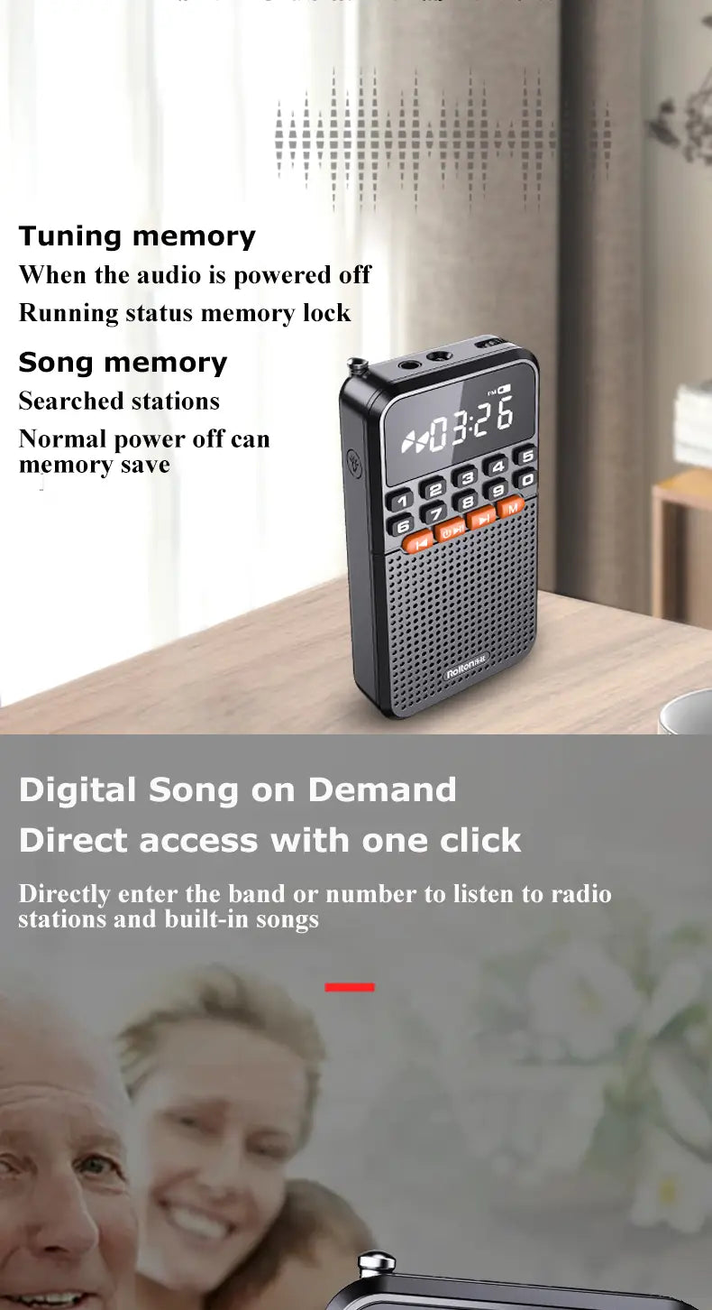 Portable FM Mini Radio Dual Antenna Pocket Radio Receiver Bluetooth 5.0 Speaker TF Card Music Player with LED Flashlight